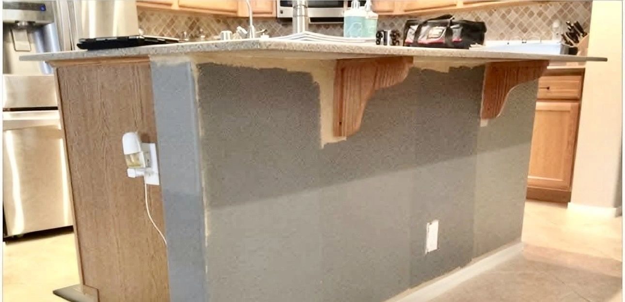 Kitchen island mid-construction before finish